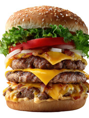 Triple Decker Burger: An enticing image of a towering burger stacked with succulent patties, melted cheese, fresh toppings, and a sesame seed bun.