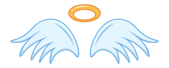 Cartoon angel wings and halo floating, symbolizing spirituality, freedom, and divine presence, ideal for religious or inspirational designs