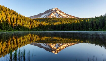 Snow-capped mountain reflected perfectly in a calm lake surrounded by dense evergreen forest under a clear blue sky.