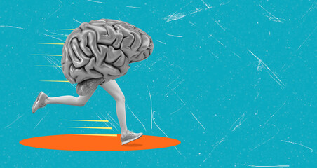 Fototapeta na wymiar The brain with a running foot symbolizes a healthy mind and psychology. Cognitive agility is the concept of mental training.