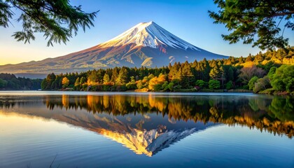 Snow-capped Mount Fuji reflects beautifully on a calm lake, framed by lush green trees under a clear blue sky at sunrise.