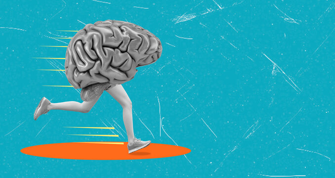 Fototapeta The brain with a running foot symbolizes a healthy mind and psychology. Cognitive agility is the concept of mental training.