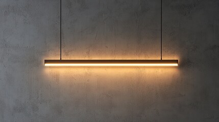 Minimalist linear pendant light emits a warm glow against a textured gray concrete wall.