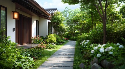 A tranquil Japanese inspired garden with a winding stone pathway lush vegetation and a traditional building entrance