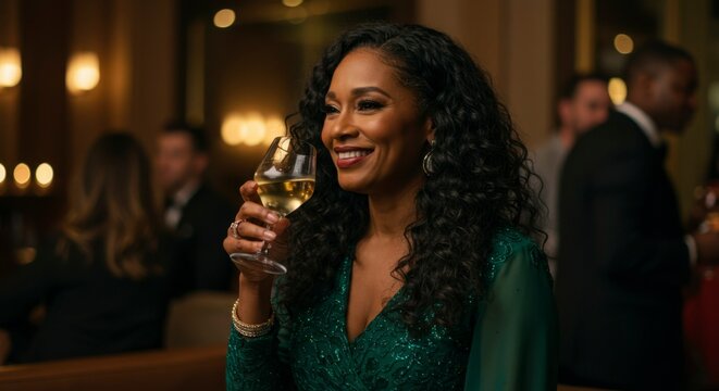 Smiling woman in a green sequined dress enjoys a glass of wine in a stylish bar