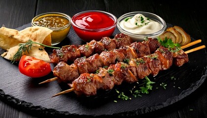 Delicious Grilled Meat Skewers with Dips and Flatbread
