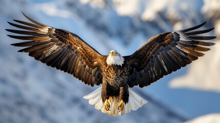 Fototapeta premium A majestic bald eagle glides gracefully through a snowy terrain, symbolizing freedom and strength while showcasing the beauty of nature in action.