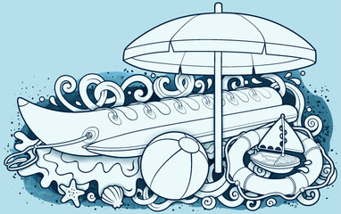 Cartoon cute doodles hand drawn summer beach children's entertainment line art illustration. Many toys objects vector background. 