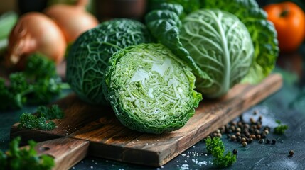 Fototapeta premium A beautifully arranged display of fresh green cabbages, showcasing their vivid textures and patterns on a rustic wooden board, perfect for food-related concepts.