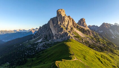 Majestic mountain peak rises above green rolling hills under clear blue sky with distant ranges in the background during bright daylight.
