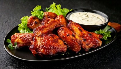 Delicious BBQ Chicken Wings with Creamy Dip and Fresh Lettuce