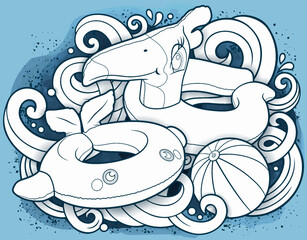 Cartoon cute doodles hand drawn summer beach children's entertainment line art illustration. Many toys objects vector background. 