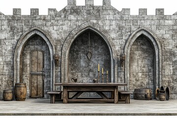 A stone wall with a wooden table and benches in front of it. , isolated on white background.