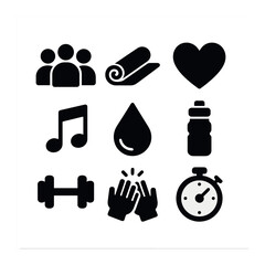 Obraz premium Team Fitness Icons. Solid, filled icons set of team fitness sessions: group icon, exercise mat, heart icon,