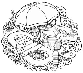 Cartoon cute doodles hand drawn summer beach children's entertainment line art illustration. Many toys objects vector background. 
