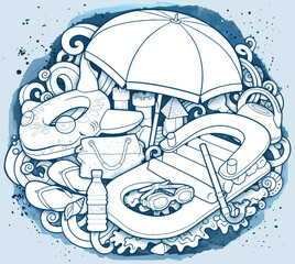 Cartoon cute doodles hand drawn summer beach children's entertainment line art illustration. Many toys objects vector background. 
