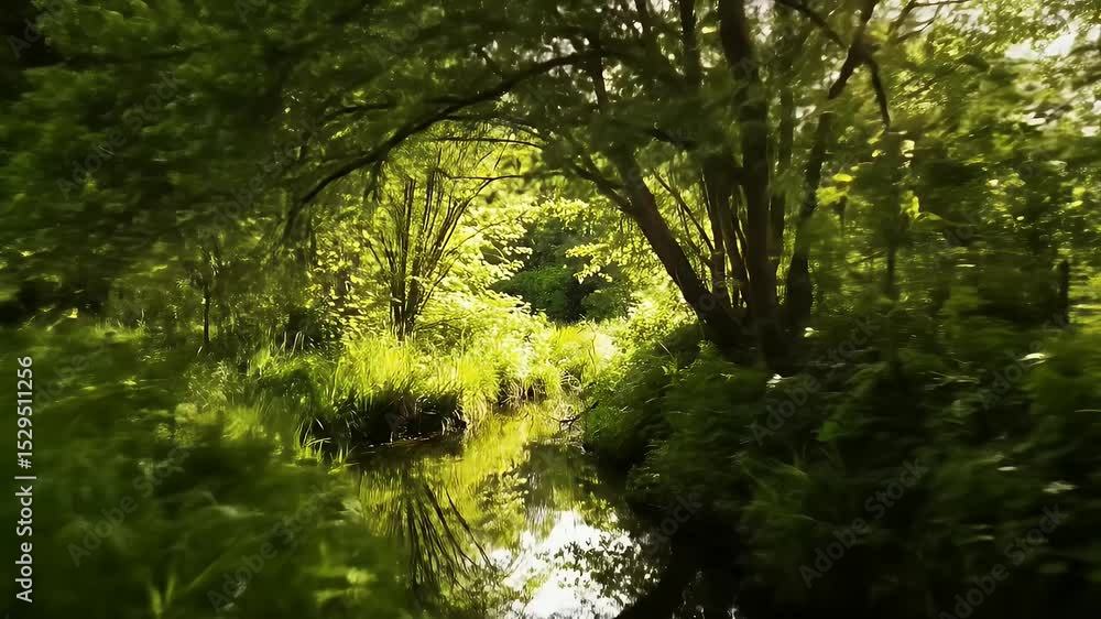 Poster lush green forest with a flowing stream and sunlight filtering through the trees in tranquil nature 