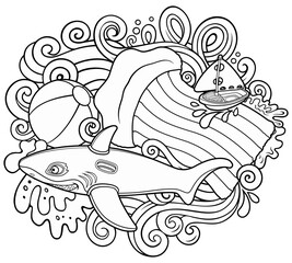 Cartoon cute doodles hand drawn summer beach children's entertainment line art illustration. Many toys objects vector background. 
