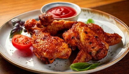 Delicious Grilled Chicken Wings with Ketchup and Fresh Herbs