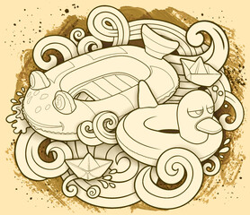 Cartoon cute doodles hand drawn summer beach children's entertainment line art illustration. Many toys objects vector background. 