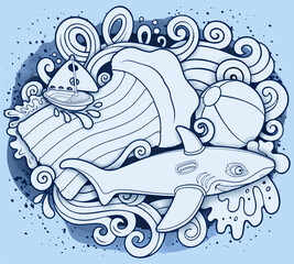 Cartoon cute doodles hand drawn summer beach children's entertainment line art illustration. Many toys objects vector background. 