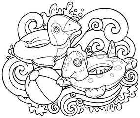 Cartoon cute doodles hand drawn summer beach children's entertainment line art illustration. Many toys objects vector background. 
