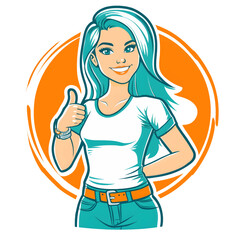 Woman Giving Thumbs Up in a Flat Cartoon Style. Vector illustration.