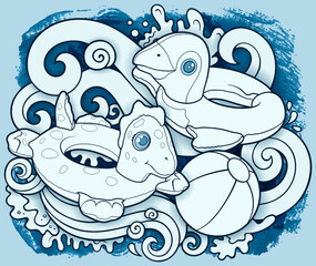 Cartoon cute doodles hand drawn summer beach children's entertainment line art illustration. Many toys objects vector background. 