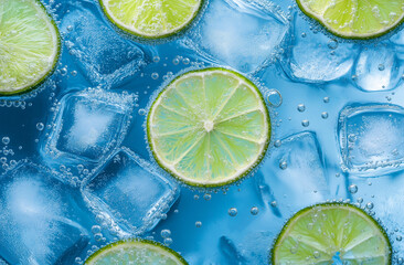 Close-up top view of light blue water with ice cubes and lime slices. A refreshing and vibrant composition perfect for summer-themed designs, beverages, and cool visual projects