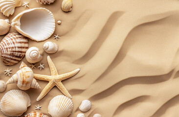Top view flat lay photo of beige sand sprinkled with small seashells and starfish. A natural, textured beach background ideal for summer designs and coastal-themed creative projects
