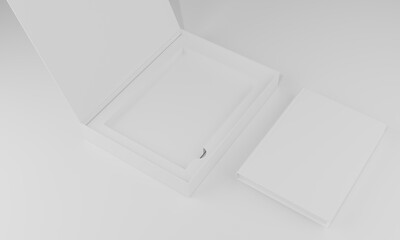 3d render mock up modern design for a blank box and book set arranged on a clean white background for creative use and organization