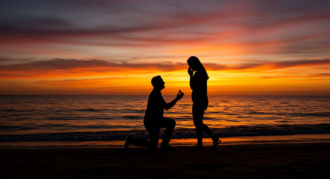 Romantic sunset beach proposal silhouette