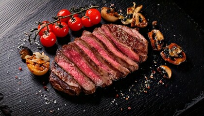 Sizzling Steak Dinner Grilled Beef with Roasted Cherry Tomatoes and Mushrooms