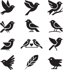 Minimalist Bird Icons – Modern Vector Set of 10 Black Birds – Geometric, Origami, Love Birds, Feather, and Abstract Designs
