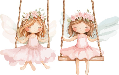 Watercolor Illustration of Two Cute Fairy Girls with Wings and Flower Crowns on Swings Isolated on White Background Perfect for Children s Decor and Creative