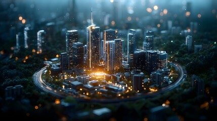 Fototapeta premium Breathtaking aerial view of a modern dynamic city skyline at night filled with towering skyscrapers illuminated streets and a network of roads and traffic