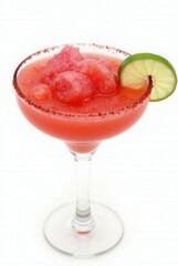 Watermelon Refreshment: a vibrant watermelon margarita in a stylish glass, garnished with a lime slice and rimmed with salt, embodying refreshing taste and inviting sensation