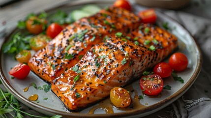 A beautifully plated gourmet salmon dish garnished with fresh herbs and cherry tomatoes, showcasing culinary finesse and the art of fine dining in a modern setting.