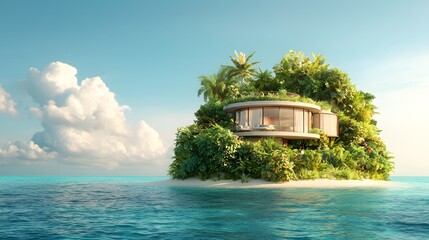 Fototapeta premium Lush tropical island with a serene private villa nestled among palm trees and overlooking the tranquil crystalline waters of the surrounding ocean