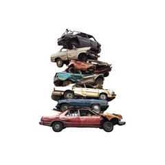 Naklejka premium Stack of Crushed Cars at a Junkyard - Recycling and Waste Management Concept