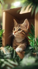 Curious kitten peeks from a cardboard box.