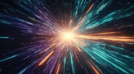 Fototapeta premium A vibrant cosmic explosion radiates colorful light beams, illustrating a dynamic burst of energy in space, resembling a star or supernova event.
