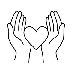 Minimalist black and white vector icon of hands holding a heart. Perfect for logo, template, branding, web design, apps, prints, packaging. Symbol of care, love, support, charity, and health.