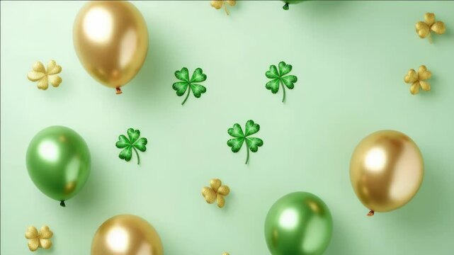 Green and gold St. Patrick's Day celebratory balloons with four leaf clovers, suitable for birthdays or festivals.