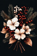 Elegant seamless pattern with pink and white flowers, ripe berries, contrasting against the black background