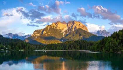 A serene mountain landscape with golden sunlight, lush forests, and calm lake reflections under a partly cloudy blue sky.