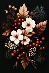 Elegant seamless pattern with pink and white flowers, ripe berries, contrasting against the black background