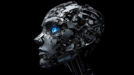 A woman's face is shown in a black background with blue eyes. The face is made of metal and has a robotic appearance. Concept of futuristic technology and a futuristic, mechanical look