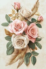 Bouquet of white and pink roses on a neutral watercolor background in muted beige and light brown hues	