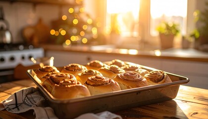 Freshly baked cinnamon rolls on a rustic kitchen table